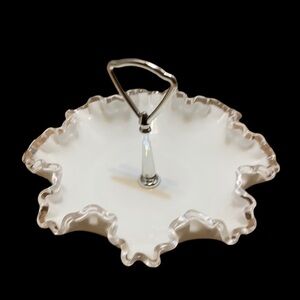 Fenton silver crest milk glass nappy/candy dish with handle